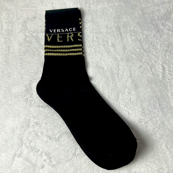 Versace Logo Crew Socks Black/Gold Size M New With Tag - Picture 2 of 6